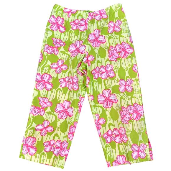 Lilly Pulitzer Floral Cropped Pants 8 Pink Green Preppy Coastal Beach Resort - Picture 1 of 7